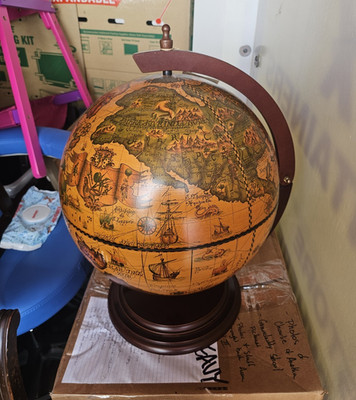 Vintage Tabletop Globe Bar Swivel Round Hinged Lid, Dark Brown Freestanding