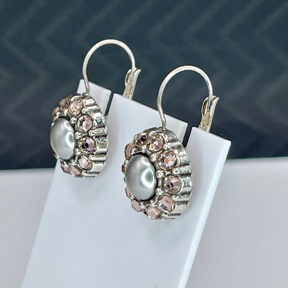 Pendientes Brighton Cristal Rosa Imitación Perla Gota Tono Plata Palanca Redondos Foto 4 de 4
