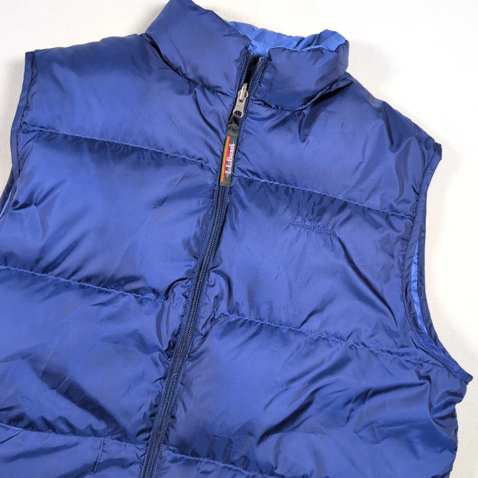 LL Bean Reversible Goose Down Puffer Vest Mens M Blue Pockets Zip Quilted Hiking