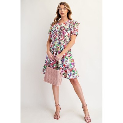 Easel Floral Print Peach Blossom Tiered Dress Smocked Waist Ruffle New small