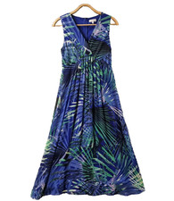 CAPTURE Dress Womens Size 10 Blue Green Leaf Print A-line Midi Sleeveless