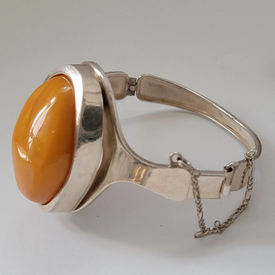 Enorme brazalete artístico de plata esterlina 925 maciza genuino caramelo ámbar báltico 7 pulgadas Foto 3 de 4