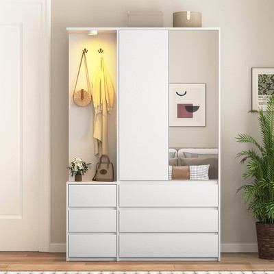 2 Doors Wardrobe with Mirror Armoire Closet Storage Cabinet, Shelves, 6 Drawers