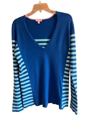 Lilly Pulitzer Adelaide Sweater Large Royal Blue Aqua Stripes V Neck Pullover L