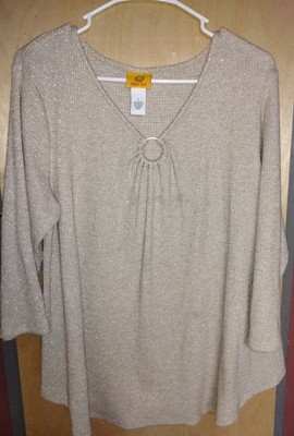  Ruby Rd Womens large Luxe Cream Latte Tunic Top Blouse Metallic 