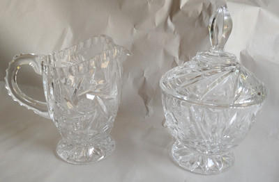Vintage Footed Cut Clear Glass Creamer and Sugar Bowl w/Lid Set