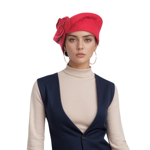 Women's Floral French Beret Hat, Classic Vintage wool felt beret hat for women - Picture 7 of 10