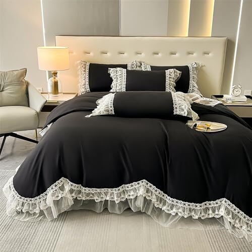 Chic Ruffle Lace Polyester Duvet Cover Set -Girl Bedding-3 Piece Full Black - Picture 4 of 6