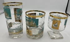 Libbey Southern Comfort Gold & Turquoise Riverboat Glass 3 Styles Lot of 3
