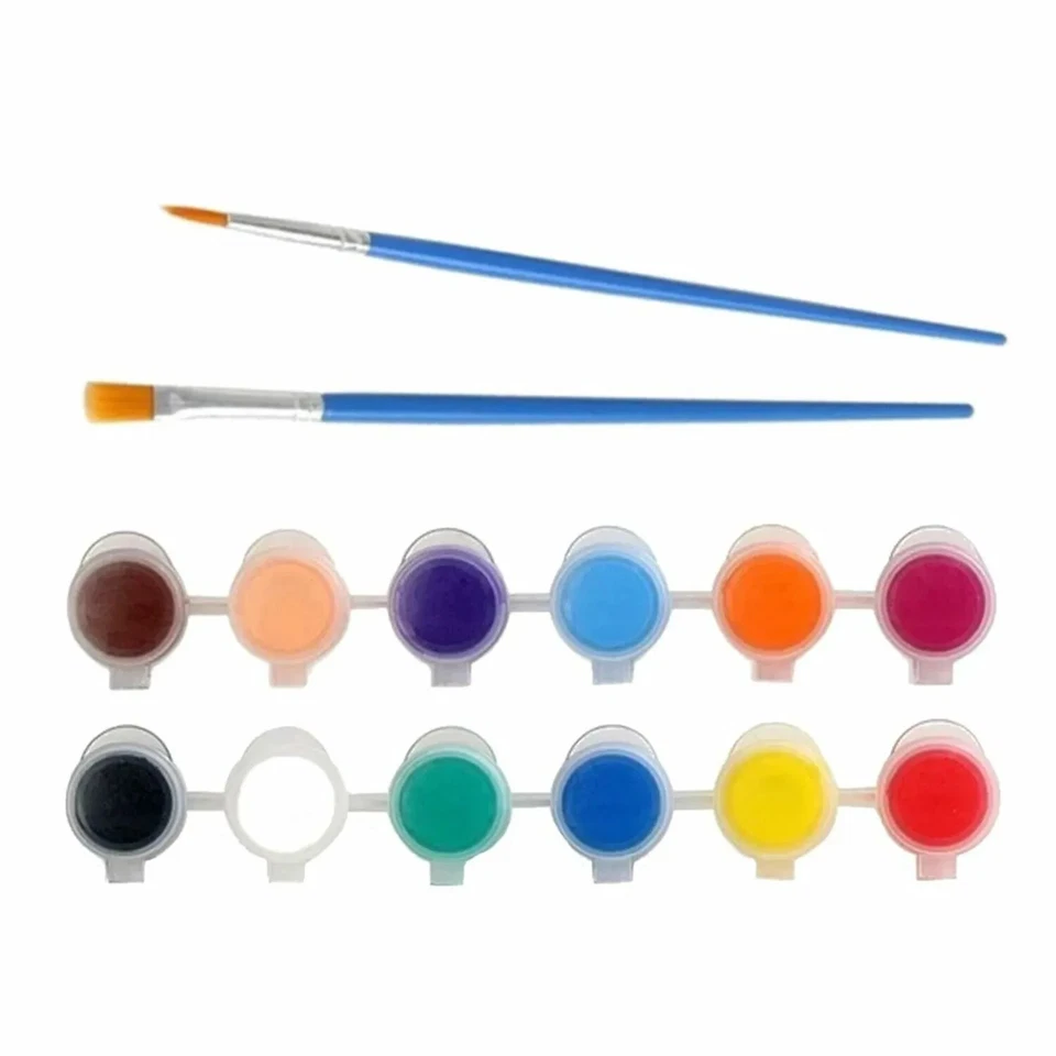 12 Mini Acrylic Paint Pots Multi Surface 2 Paint Brushes Primary Rainbow Colours - Image 2 of 4