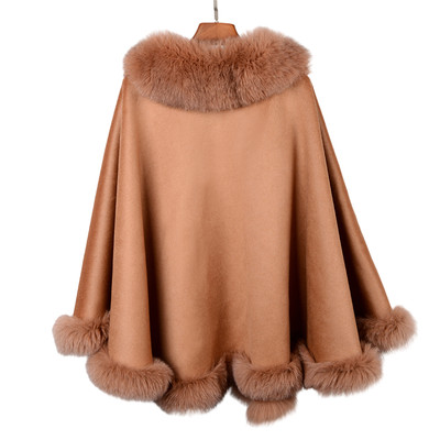 Women Wool Cape Wraps Coat Real Fox Fur Trim Poncho Cloak For Wedding Party
