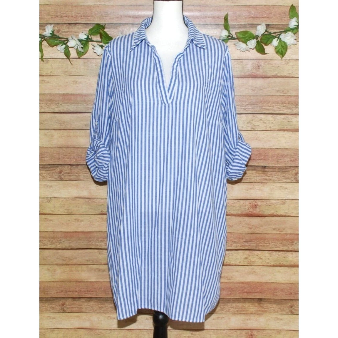 Shein Curve Shirt Dress Plus Size 3XL Roll Tab Sleeves Blue White Striped  V-Neck