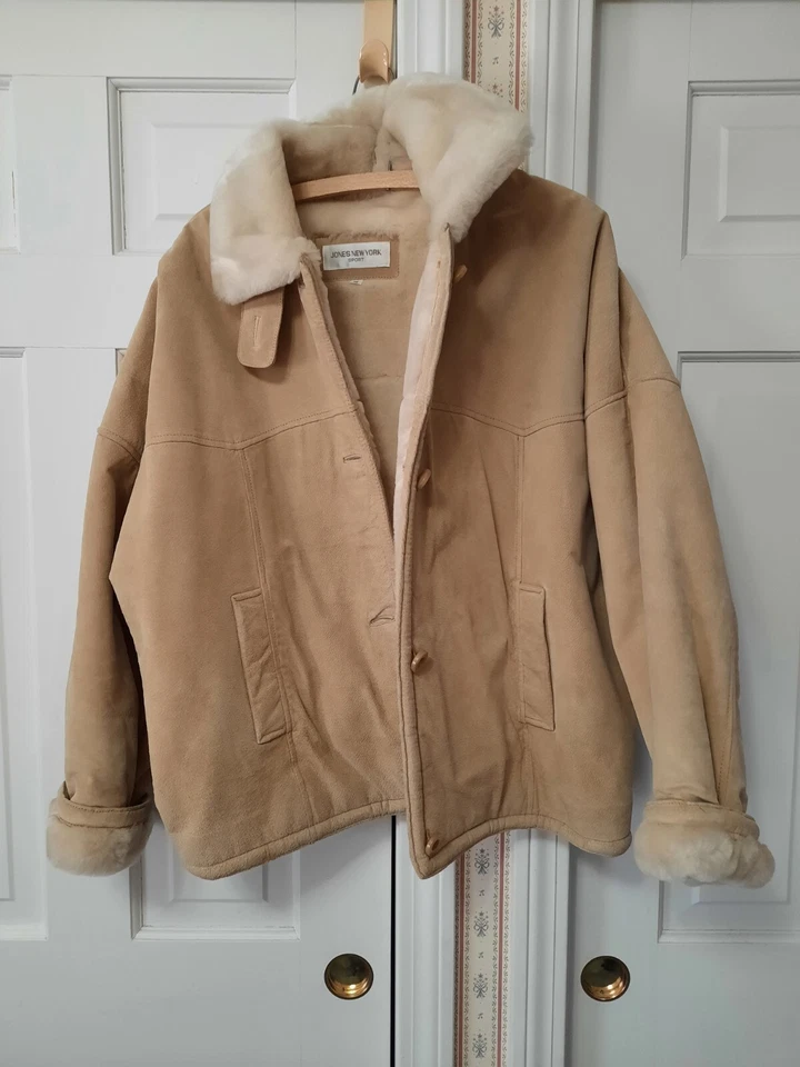 Jones New York Sport Tan leather W/ Faux Fur Lined Jacket coat Medium Heavy LG
