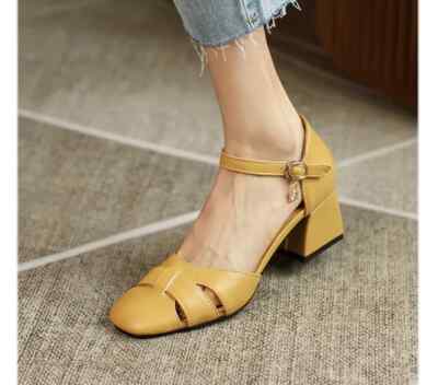 Sandalen Frau Absatz Komfortabel 5.5 CM Gelb Geschlossen Elegant Leder Synthetik