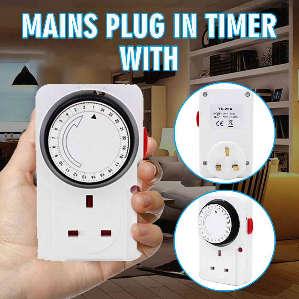 24 Hour Mains Plug In Timer Time Clock Socket LED Indicator for Lamps and Lights