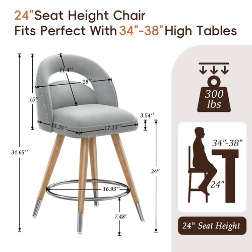 24" Swivel Velvet Bar Stools Counter Height Bar Stools Set of 4 with Wood Legs - Picture 2 of 18