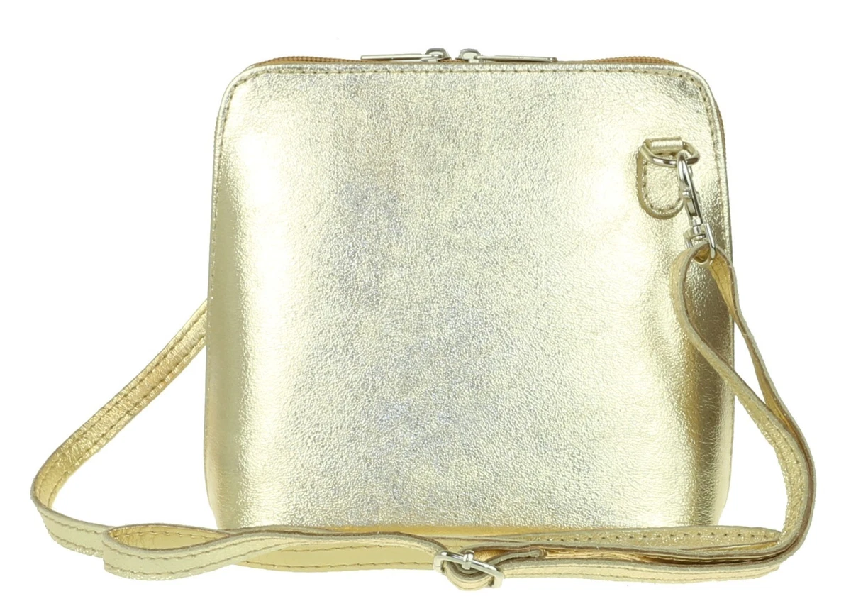 Small Genuine Leather Vera Pelle Cross Body Metallic Rose Gold Shimmer Shoulder