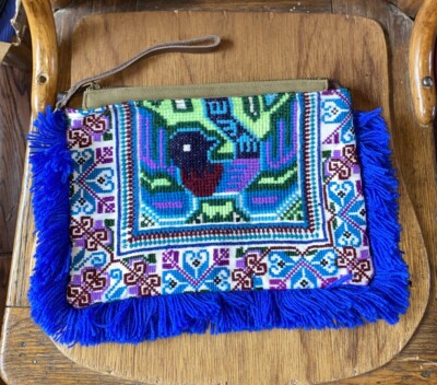 Jade Tribe Bag Purse Embroidered Clutch Green Canvas Back Blue  Fringe