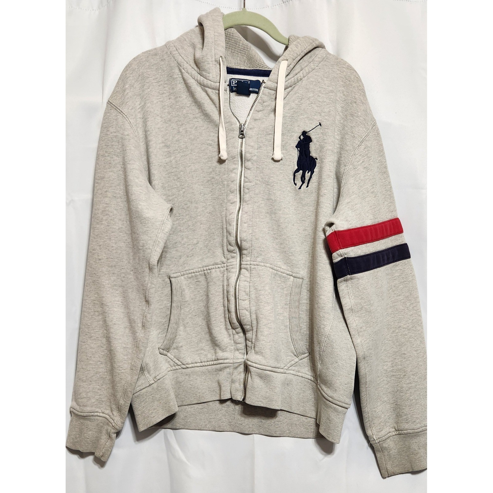 Polo Ralph Lauren Mens Big Pony Full Zip Hoodie Gray Red Navy Stripe XL