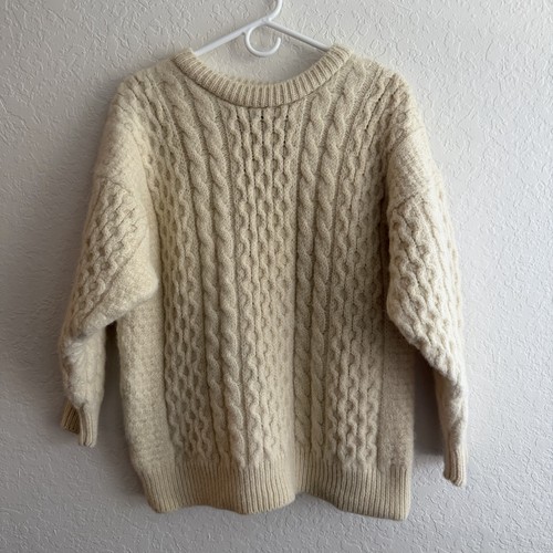 Vtg Irish Wool Fisherman Sweater Aran Knit Chunky Ivory Cable Knit Cream *READ*, $44