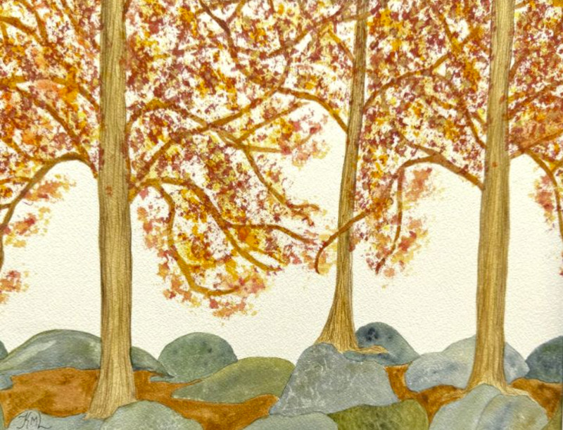 PAINTING WATERCOLOR ART AUTUMN FOREST TREES LANDSCAPE 11X14 AND DOUBLE MAT 16X20