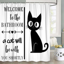Funny Black Cat Shower Curtain, Welcome to the Bathroom Quote Waterproof Fabric