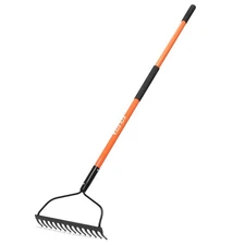 Garden Rake Heavy Duty, 14-Tine Bow Rake with 57" Fiberglass Handle, for Soil...
