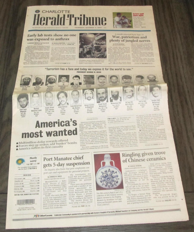 October 11, 2001 Sarasota FL Herald-Tribune 9/11 America's Most Wanted Newspaper