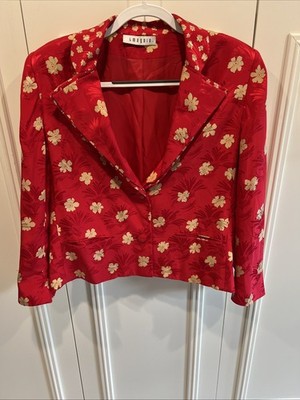 Vintage I Magnin Red Floral Silk Blazer Jacket Size 14 Baron