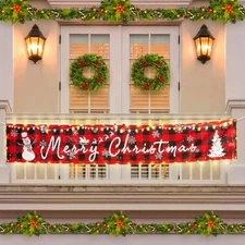 Solar Large Merry Christmas Banner, 120" x 20" LED Lighted Xmas Plaid-Snowman 
