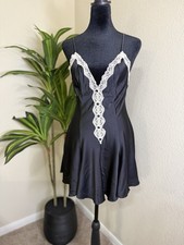 Women  s Vintage Black Slip with White Lace Trim V-Neck Chemise Lingerie