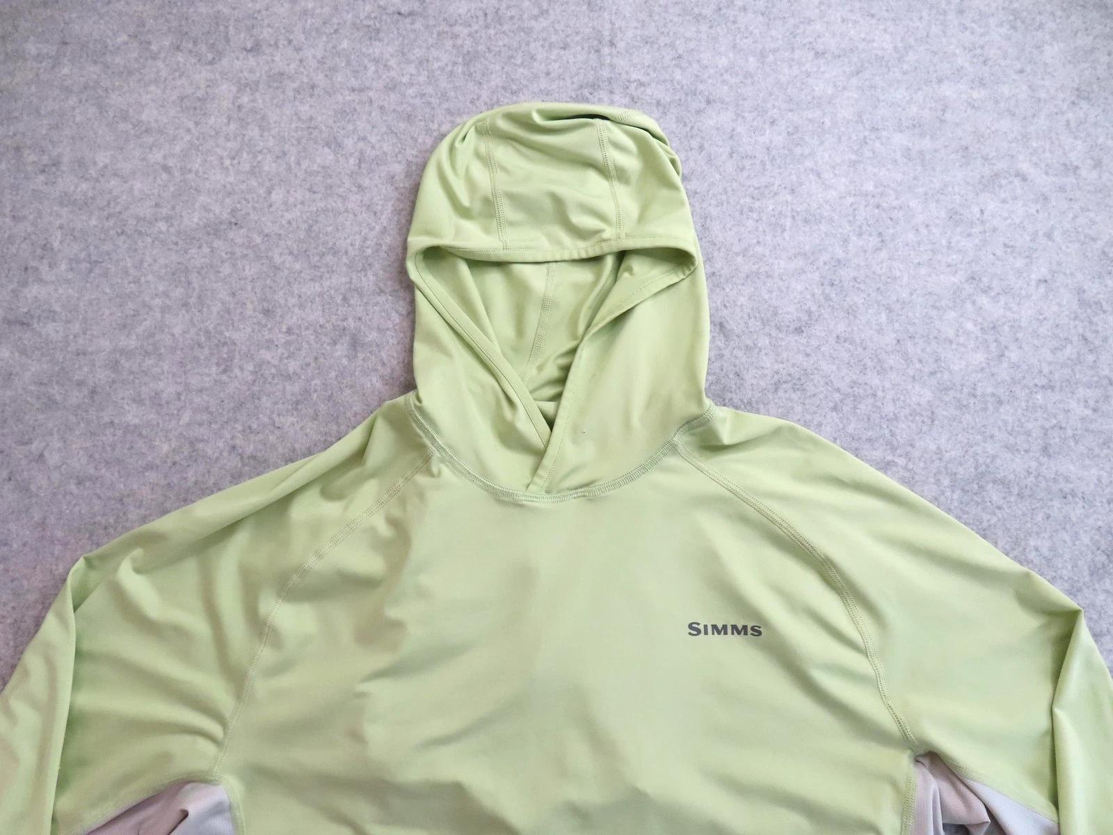 Simms SolarFlex Shirt Mens Medium Green Hooded Long Sleeve UPF 50 Sun Fishing