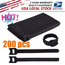 200PCS Reusable Wire Straps - Black Hook & Loop Cable Cord Organizer US