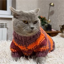 Handmade Knit Cat Sweater Orange and Purple, Pet Costume, Warm Knitted Sweater