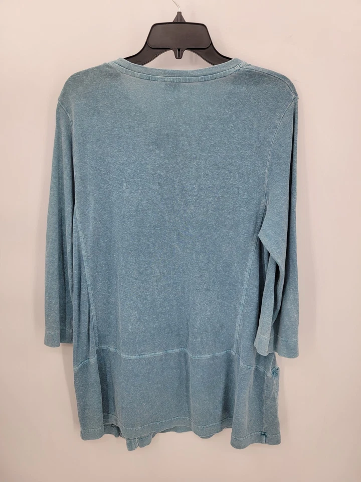 Top de poesía para mujer 12 azul cáñamo algodón manga 3/4 bolsillo abertura dobladillo pulóver Foto 3 de 4