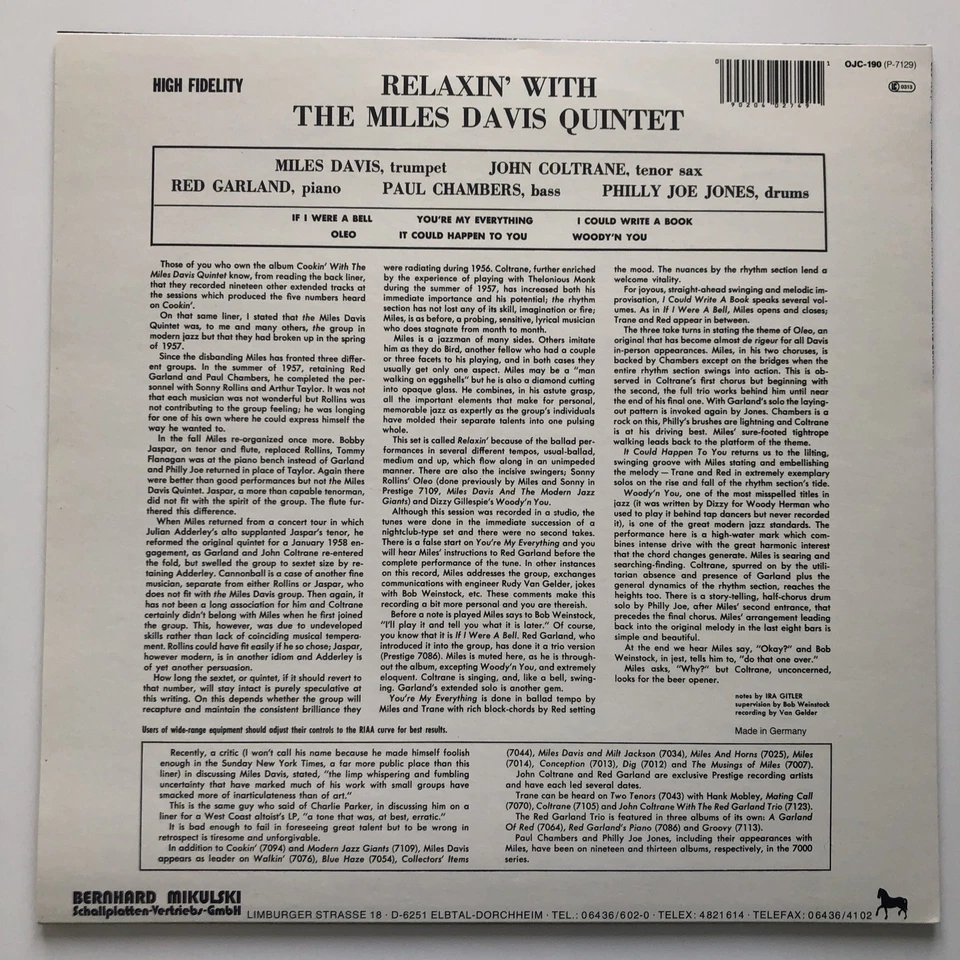 MILES DAVIS Quintet - RELAXIN’ WITH… JOHN COLTRANE. Pressage OJC Germany 1985 - Photo 2/4