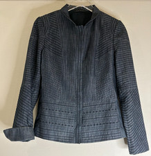 Elie Tahari Size 10 Embroidered/Pleated Front Snap Up Short Gray Jacket Blazer