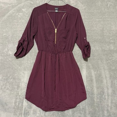 Rue 21 Womens Mid Thigh Dress Size S Burgundy Maroon Zip Roll Tab Sleeve |  eBay