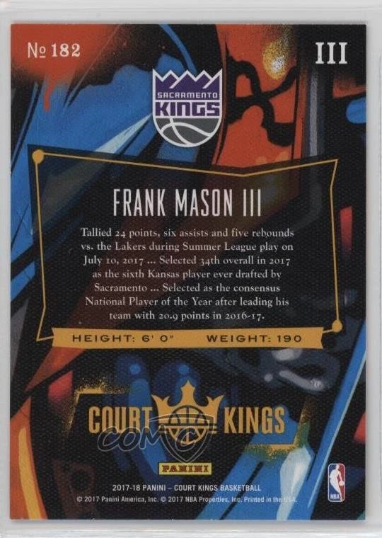 2017-18 Panini Court Kings Rookies III Frank Mason III #182 Rookie RC - Image 2 of 2