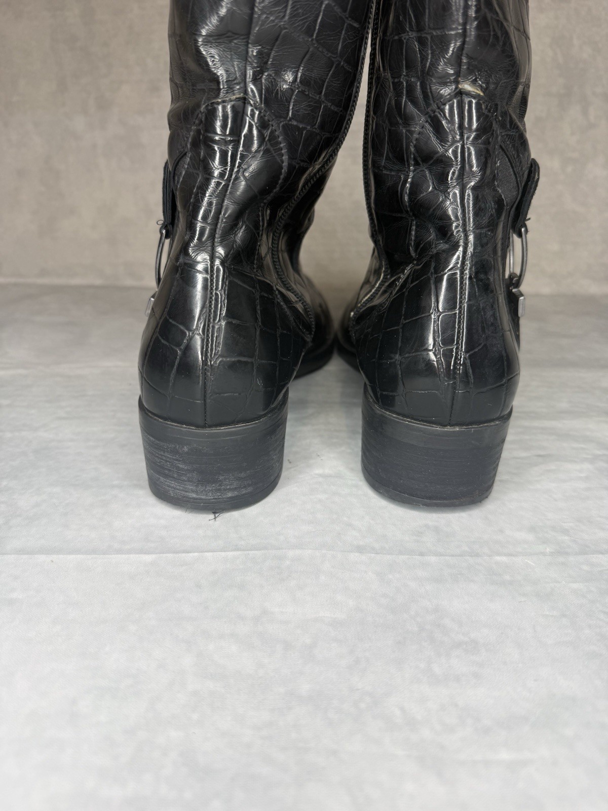 Women’s Black Croc-Embossed Leather Knee High Riding Boots Zip Buckle ...
