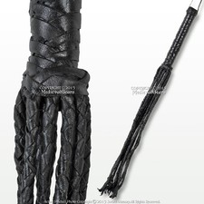 24" Cat O Nine Tail Scourge Black Leather Whip w/ 9 Individual Braided Strands