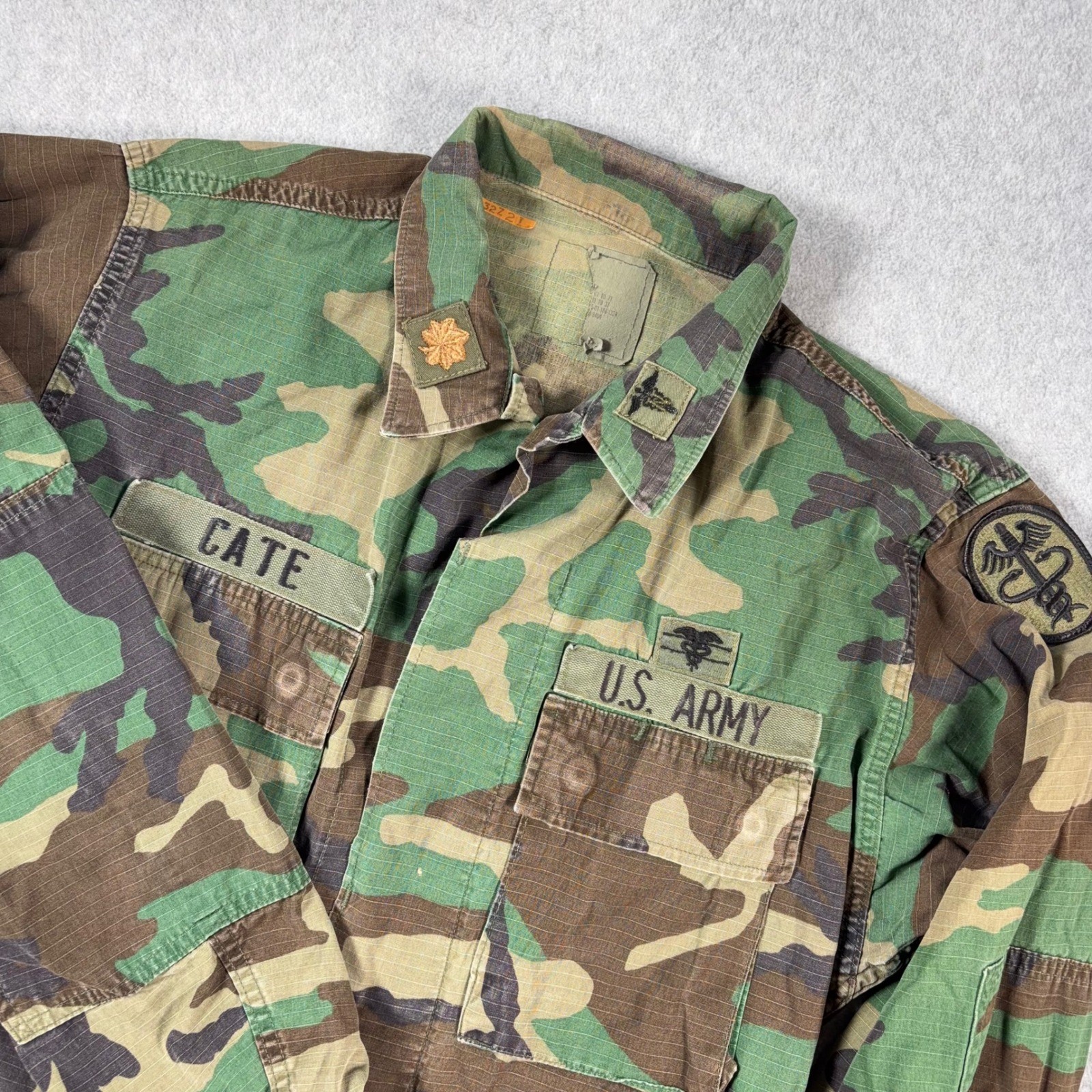 VTG USGI BDU Army Field Shirt Mens M Woodland Camo Ripstop Medical Patches Major