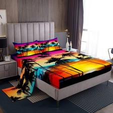 Ocean Sunset Bed Sheets Set Full for Men,Coastal Beach Palm Tree Bedding Set ...