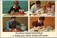 1976 Craft Supplies Advertising Postcard TRI-CHEM LIQUID EMBROIDERY /Sales Party