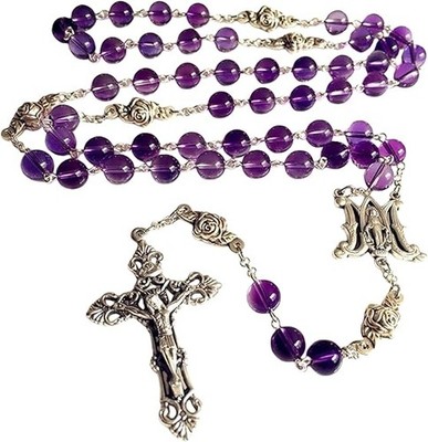 HANDMADE AMETHYST ROSE BEADS 5 DECADE ROSARY ITALY CROSS CRUCI...