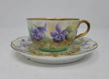 Hand Painted, Unmarked French Porcelain Tea Cup & Saucer c. 1907 Period Repair
