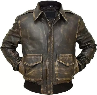 Mens Distressed WWII Cockpit Pilot RAF A2 Military Leather Bomber