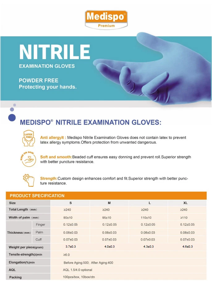 Medispo Disposable Nitrile Examination Gloves Powder Free Industry 100-2000pcs - image 3 of 4
