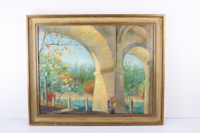 Antique Bridge Over River Landscape Oil Painting On Canvas Signed E.U. Davis