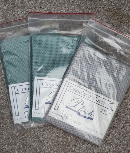 3 Charles Craft 16 count 3 Camelot Fabrics “Plush” 16 ct 12x18” 1 Grey & 2 green